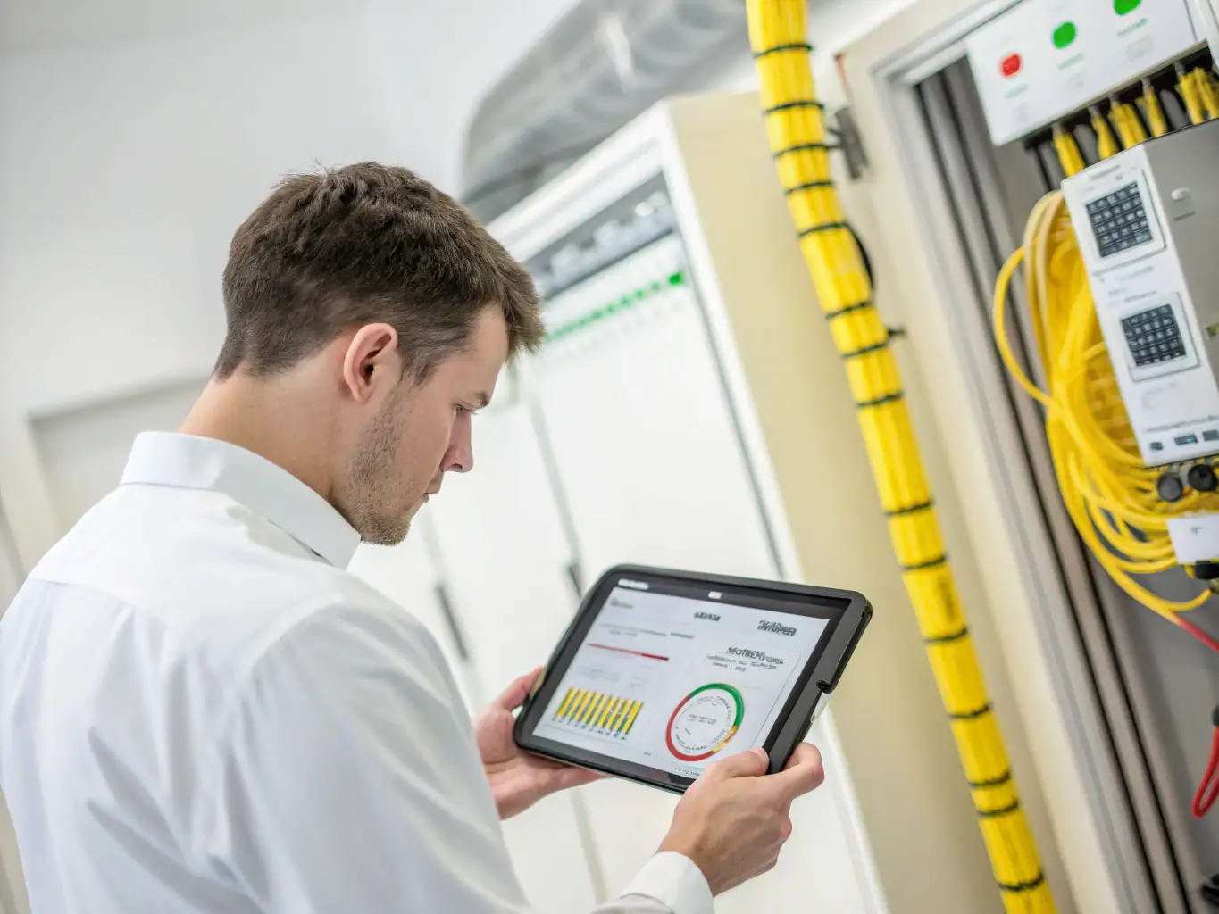 A technician providing remote support via Pow Wow on a tablet, showcasing the real-time diagnostics feature with a clear view of the client's device screen.