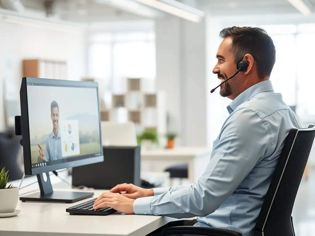 A help desk technician using Pow Wow to remotely troubleshoot a software issue on a client's computer, showcasing the platform's IT support capabilities.