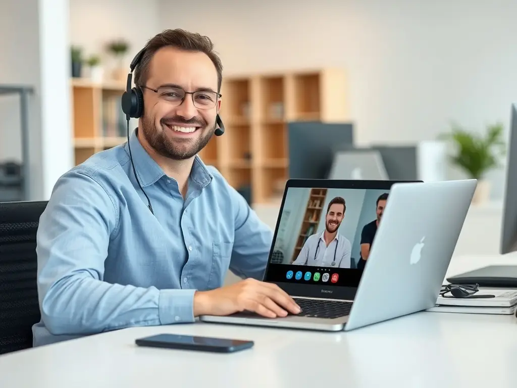 A technician using Pow Wow's secure video session feature on a tablet, assisting a client with a technical issue. The image emphasizes the platform's ease of use and accessibility on various devices.